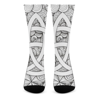 White Celtic Trinity Knot Symbol Print Crew Socks