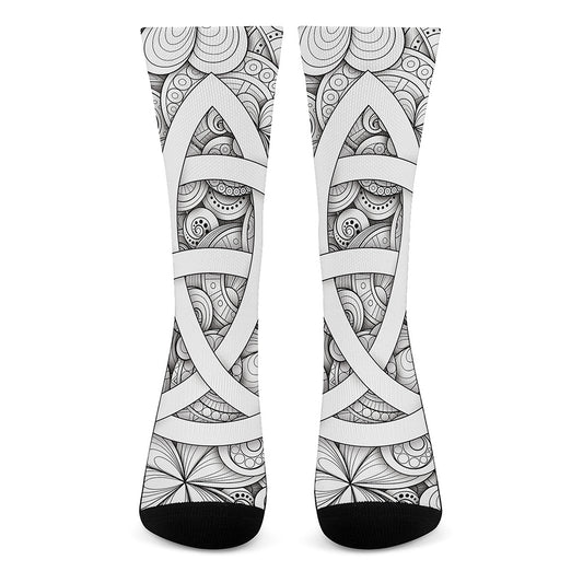White Celtic Trinity Knot Symbol Print Crew Socks