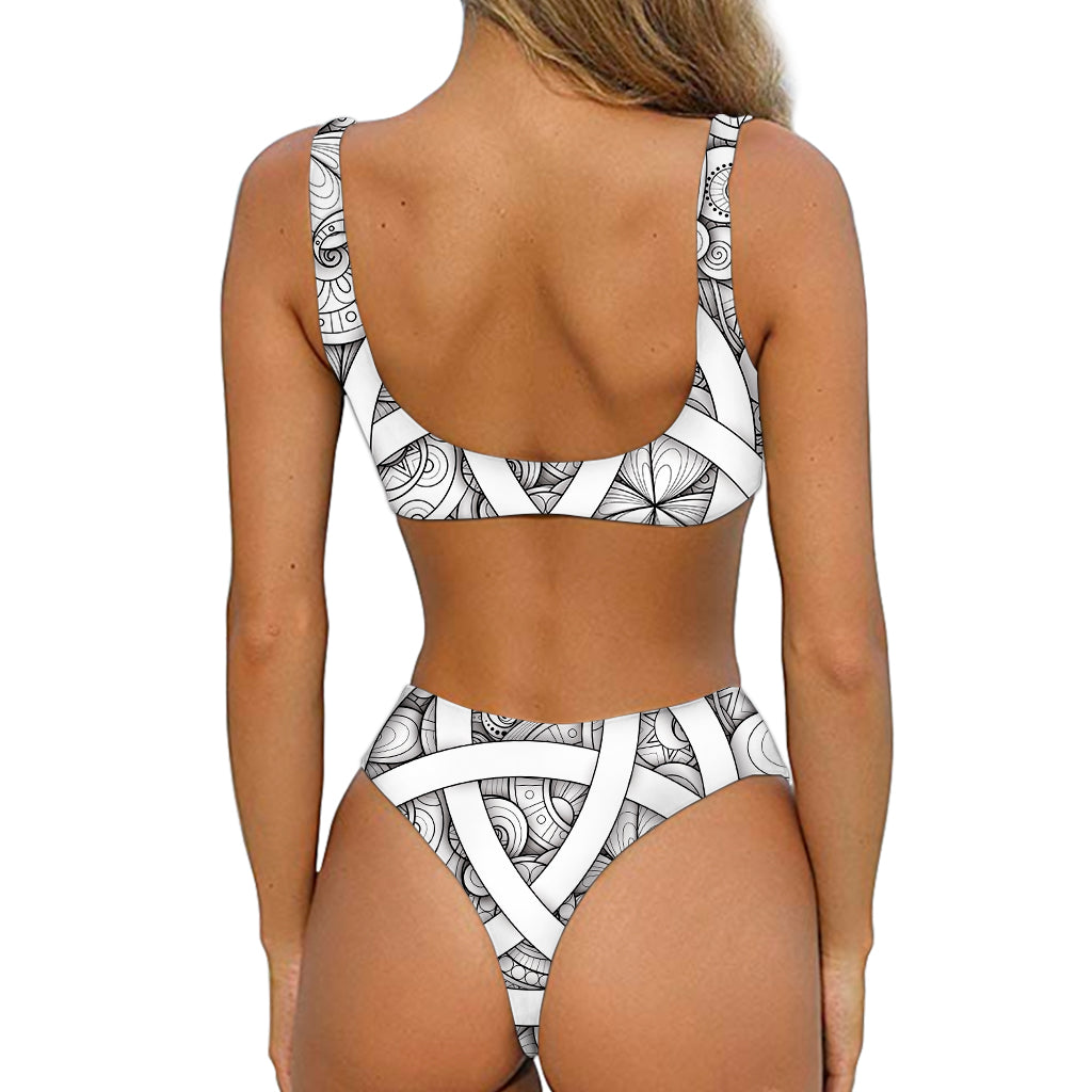 White Celtic Trinity Knot Symbol Print Front Bow Tie Bikini