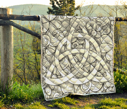 White Celtic Trinity Knot Symbol Print Quilt
