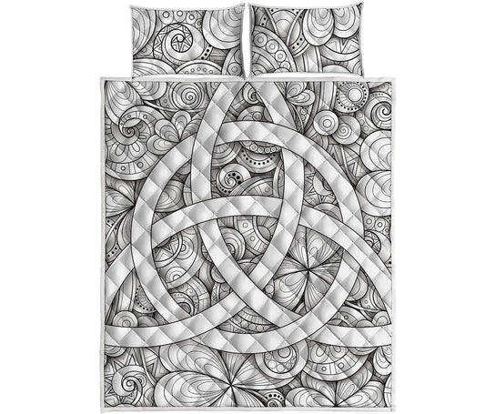 White Celtic Trinity Knot Symbol Print Quilt Bed Set