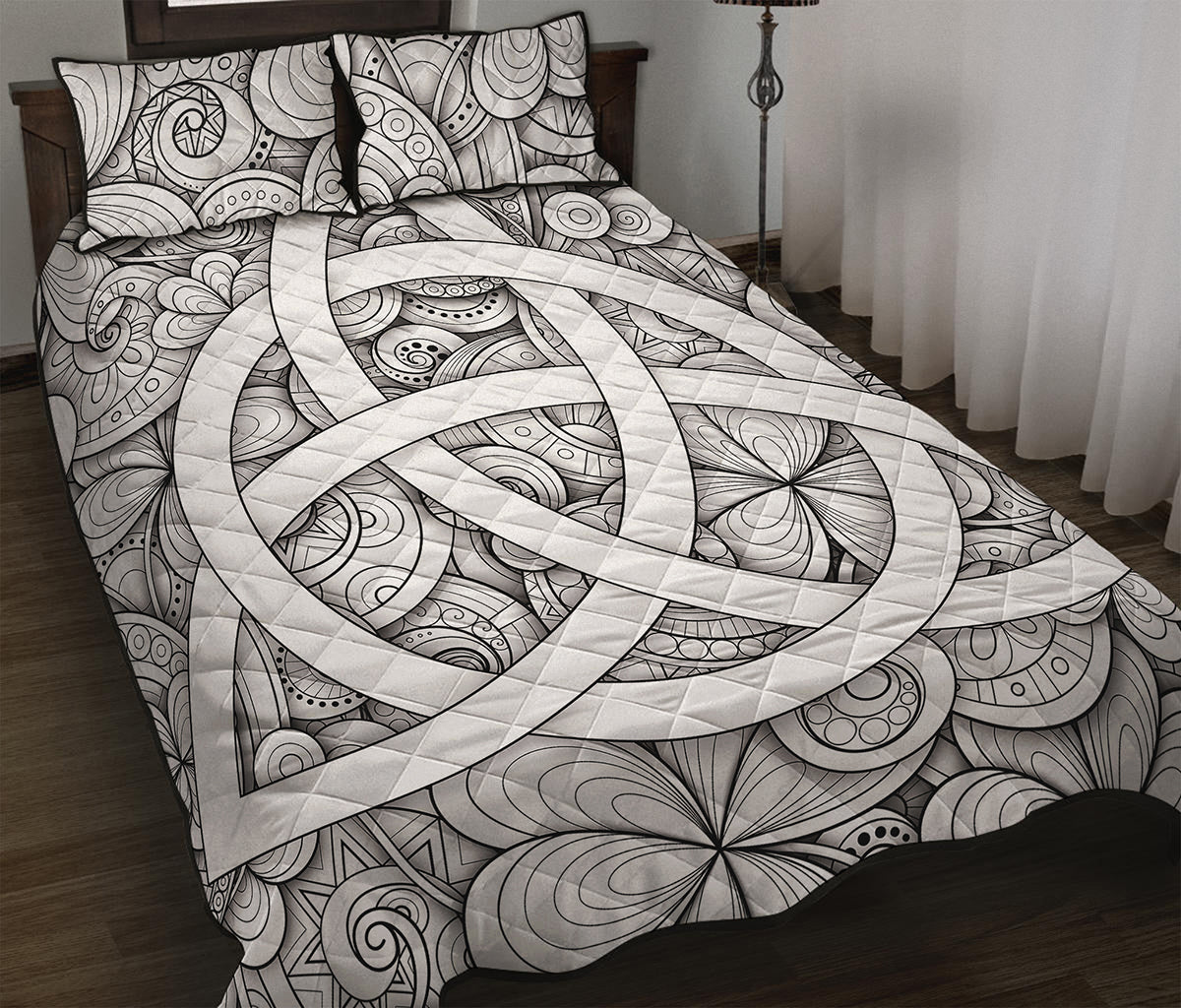 White Celtic Trinity Knot Symbol Print Quilt Bed Set