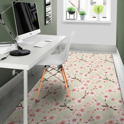 White Cherry Blossom Pattern Print Area Rug