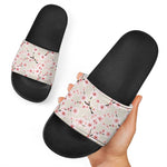 White Cherry Blossom Pattern Print Black Slide Sandals