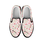 White Cherry Blossom Pattern Print Black Slip On Shoes