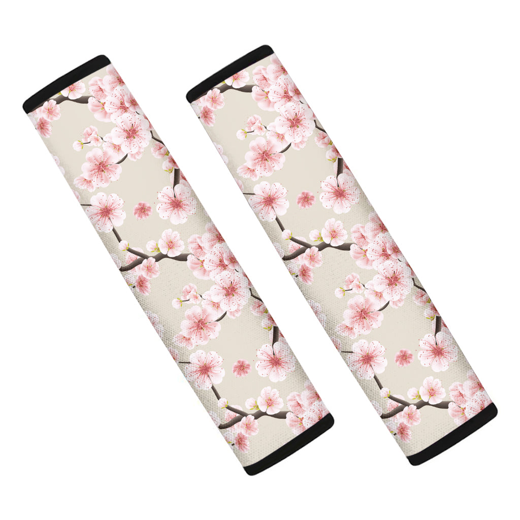 White Cherry Blossom Pattern Print Car Seat Belt Covers