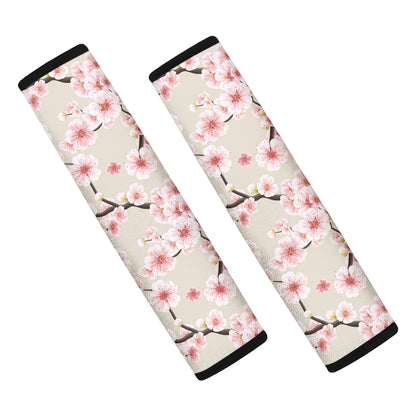 White Cherry Blossom Pattern Print Car Seat Belt Covers