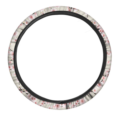 White Cherry Blossom Pattern Print Car Steering Wheel Cover