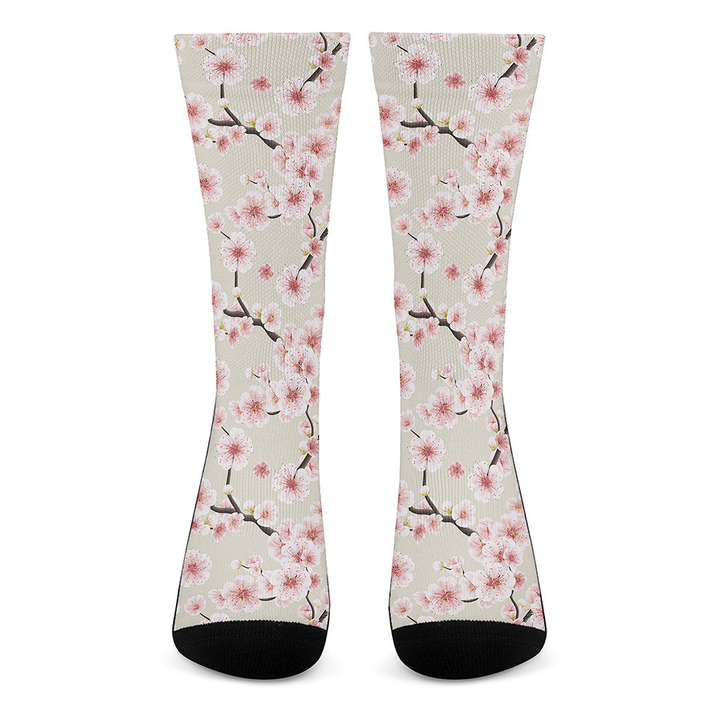 White Cherry Blossom Pattern Print Crew Socks