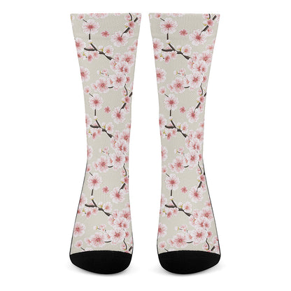 White Cherry Blossom Pattern Print Crew Socks