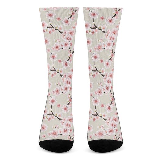 White Cherry Blossom Pattern Print Crew Socks