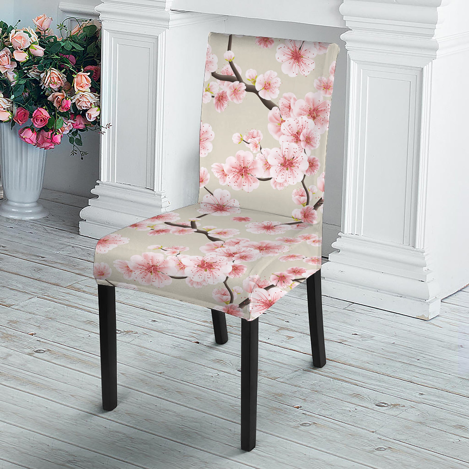 White Cherry Blossom Pattern Print Dining Chair Slipcover