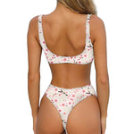 White Cherry Blossom Pattern Print Front Bow Tie Bikini