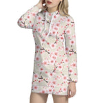 White Cherry Blossom Pattern Print Hoodie Dress