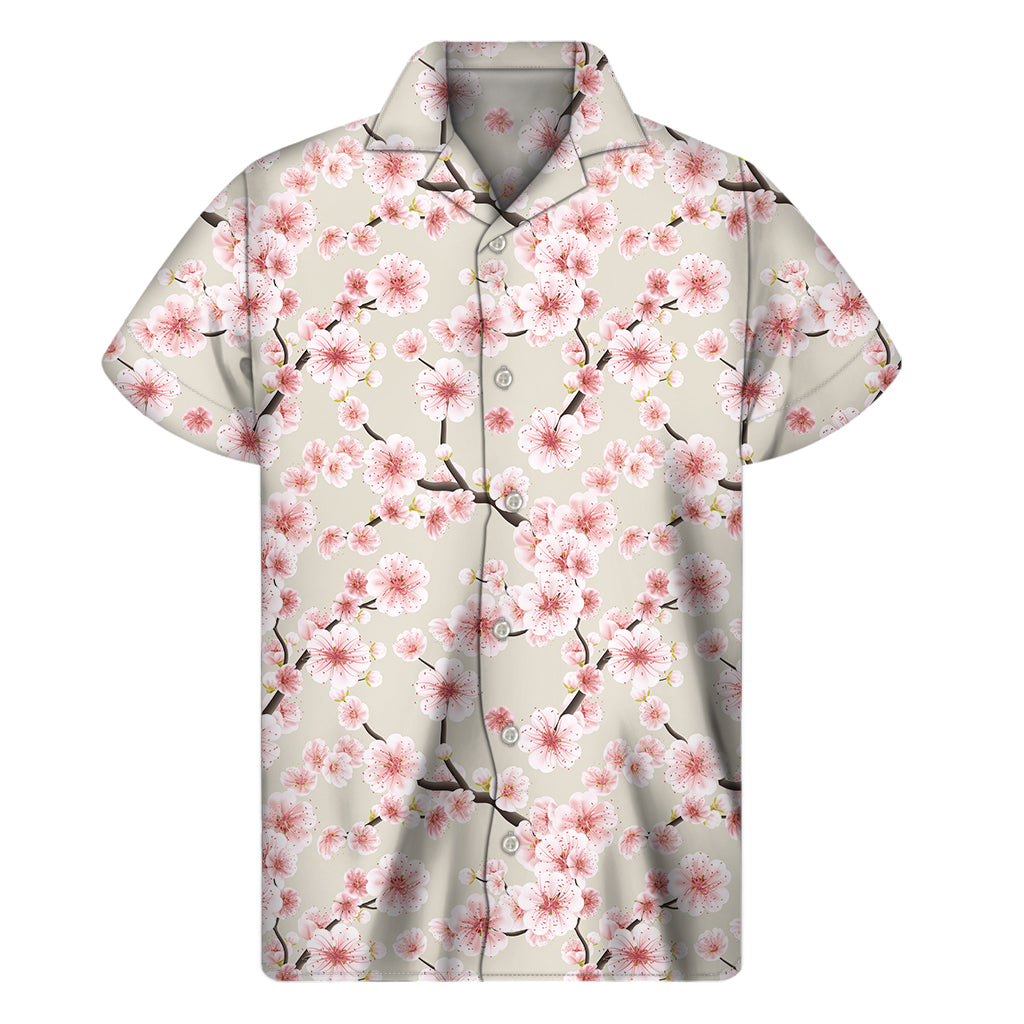 White Cherry Blossom Pattern Print Men's Short Sleeve Shirt
