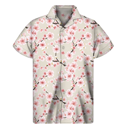 White Cherry Blossom Pattern Print Men's Short Sleeve Shirt