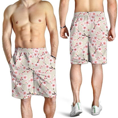 White Cherry Blossom Pattern Print Men's Shorts