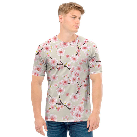 White Cherry Blossom Pattern Print Men's T-Shirt
