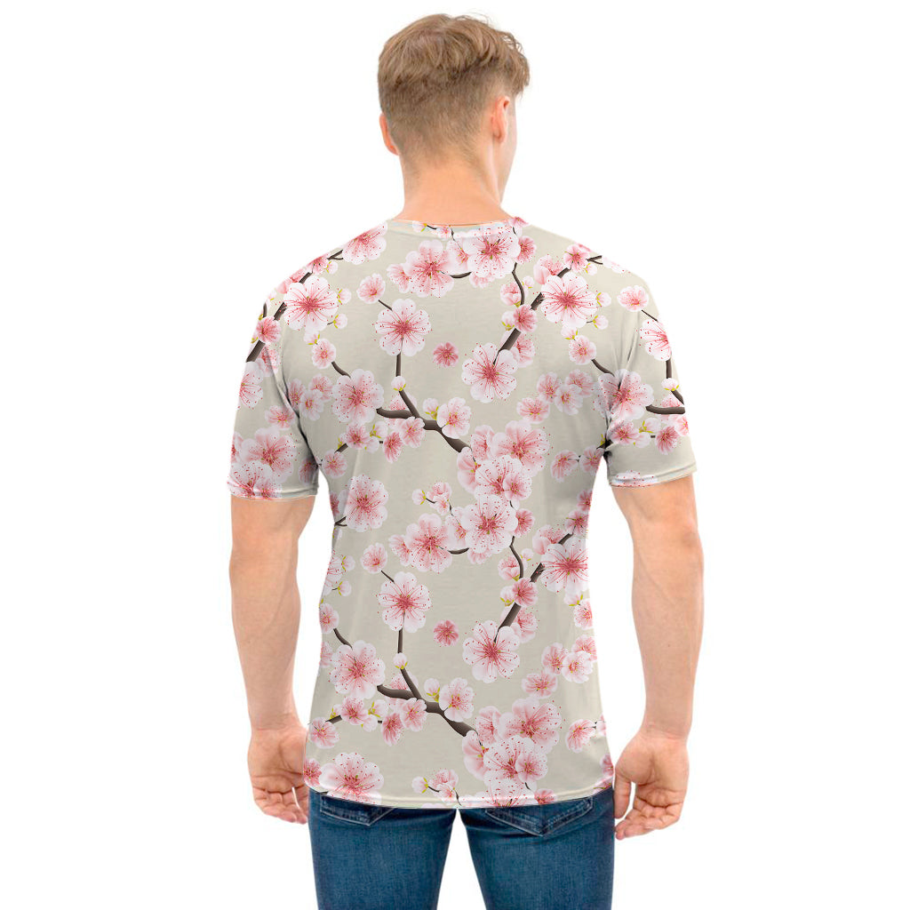 White Cherry Blossom Pattern Print Men's T-Shirt