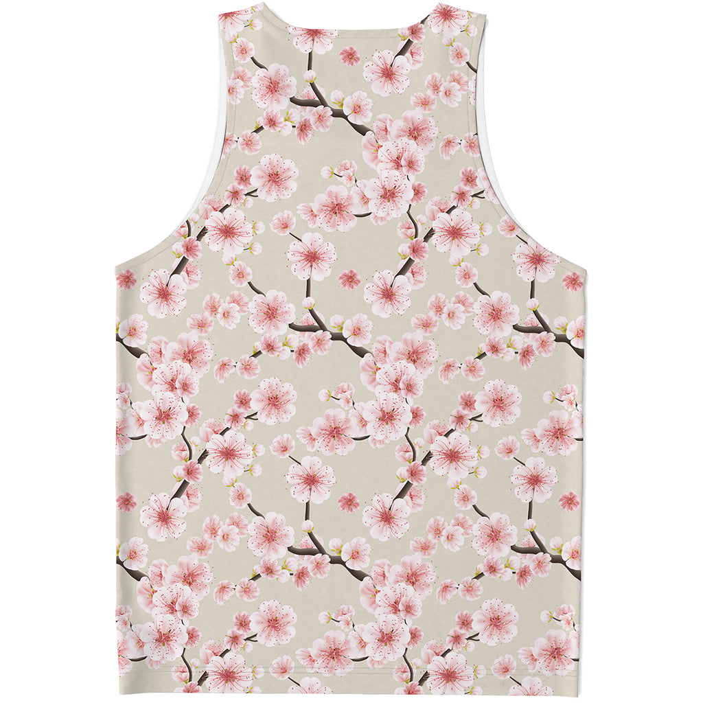 White Cherry Blossom Pattern Print Men's Tank Top