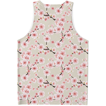 White Cherry Blossom Pattern Print Men's Tank Top