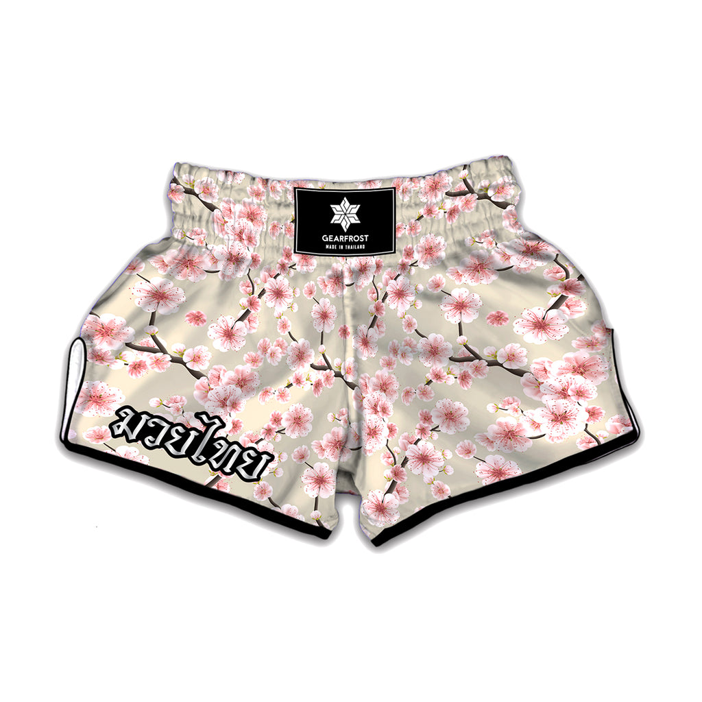 White Cherry Blossom Pattern Print Muay Thai Boxing Shorts