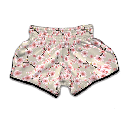 White Cherry Blossom Pattern Print Muay Thai Boxing Shorts