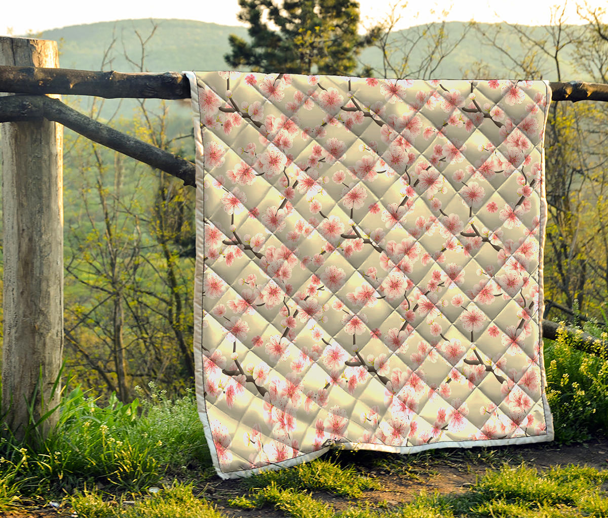 White Cherry Blossom Pattern Print Quilt