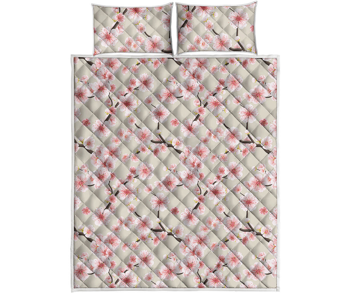 White Cherry Blossom Pattern Print Quilt Bed Set