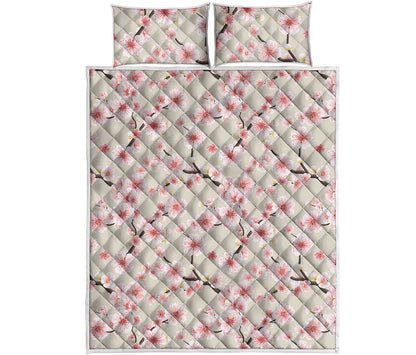 White Cherry Blossom Pattern Print Quilt Bed Set