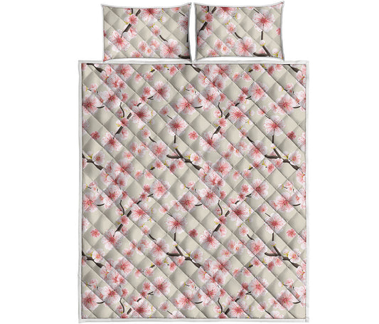 White Cherry Blossom Pattern Print Quilt Bed Set