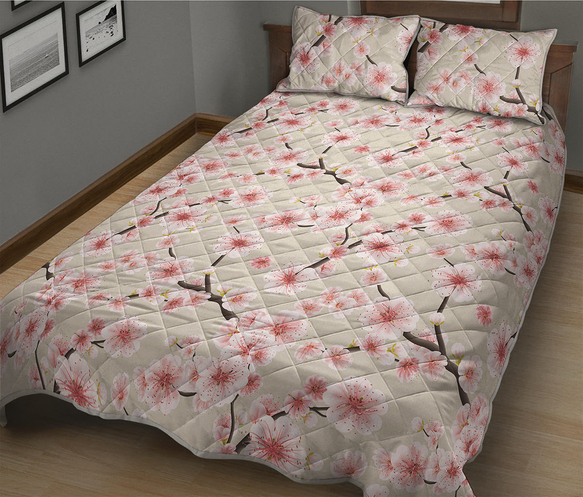 White Cherry Blossom Pattern Print Quilt Bed Set