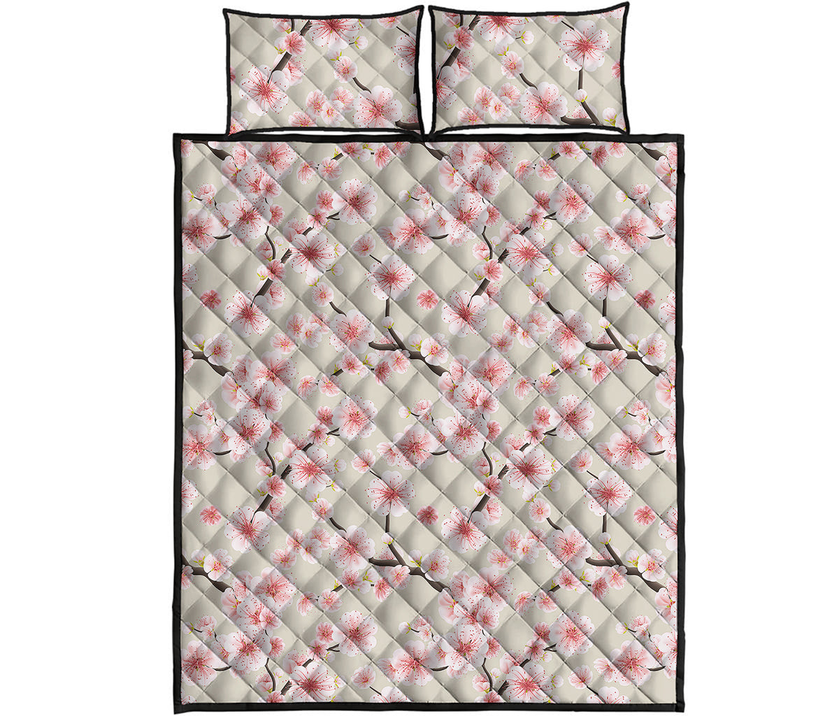 White Cherry Blossom Pattern Print Quilt Bed Set