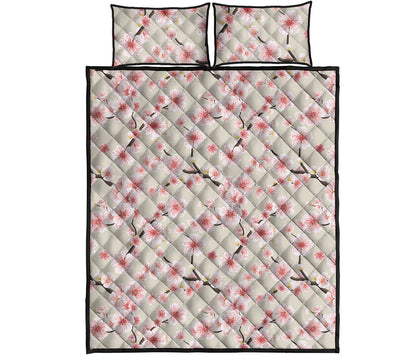 White Cherry Blossom Pattern Print Quilt Bed Set