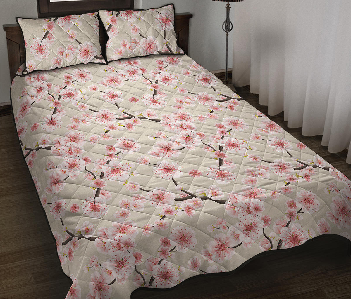 White Cherry Blossom Pattern Print Quilt Bed Set