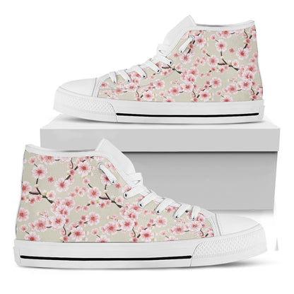 White Cherry Blossom Pattern Print White High Top Shoes