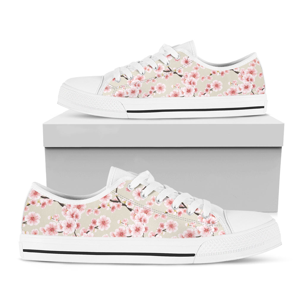 White Cherry Blossom Pattern Print White Low Top Shoes