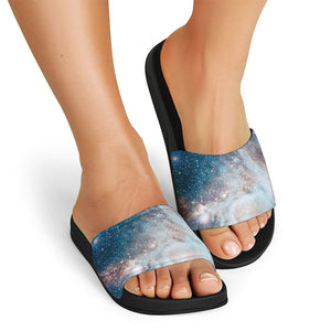 White Cloud Galaxy Space Print Black Slide Sandals