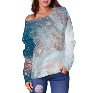 White Cloud Galaxy Space Print Off Shoulder Sweatshirt GearFrost