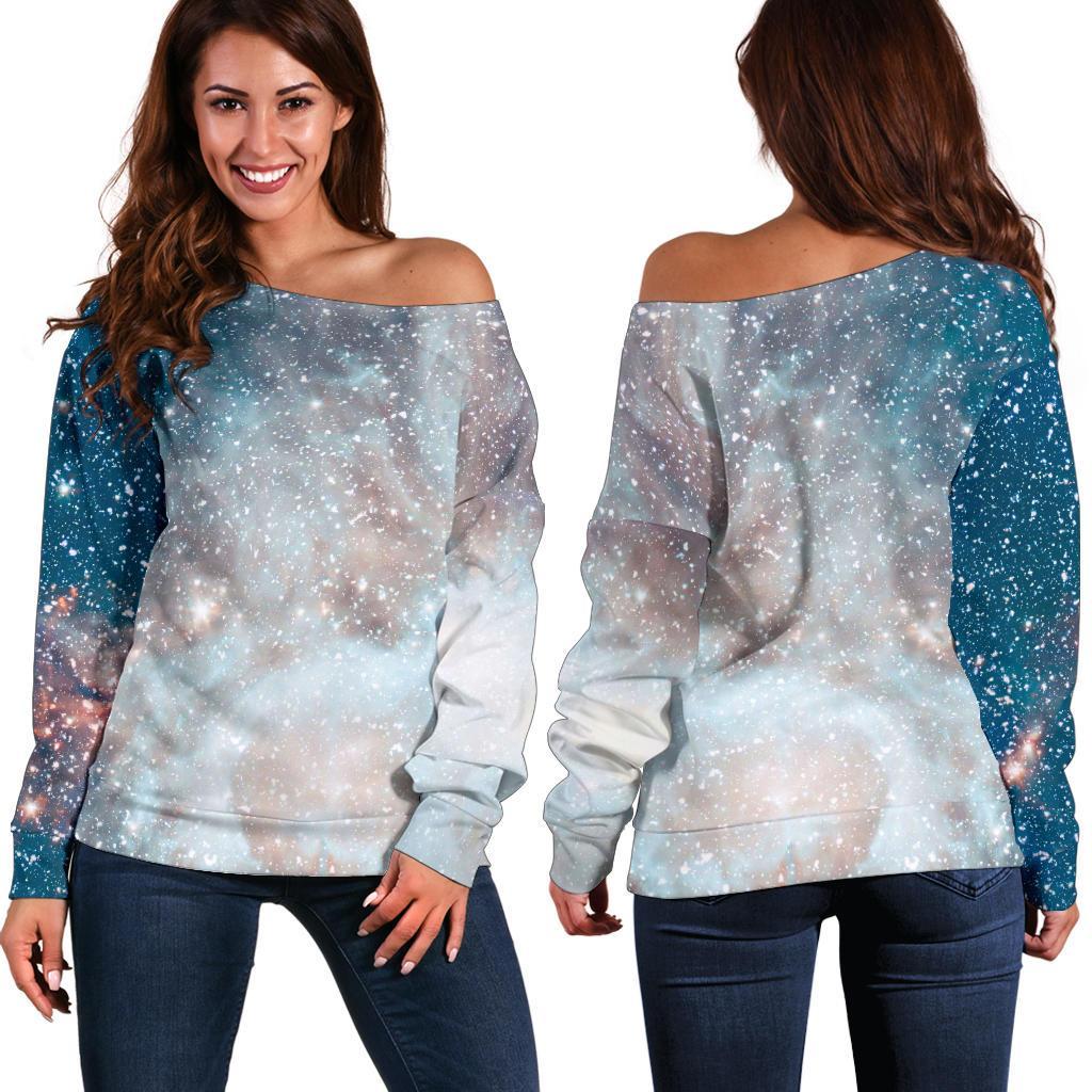 White Cloud Galaxy Space Print Off Shoulder Sweatshirt GearFrost