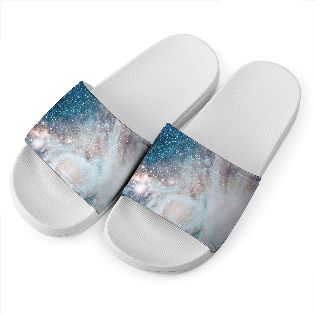 White Cloud Galaxy Space Print White Slide Sandals