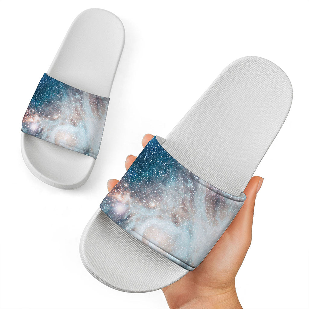 White Cloud Galaxy Space Print White Slide Sandals