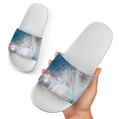 White Cloud Galaxy Space Print White Slide Sandals