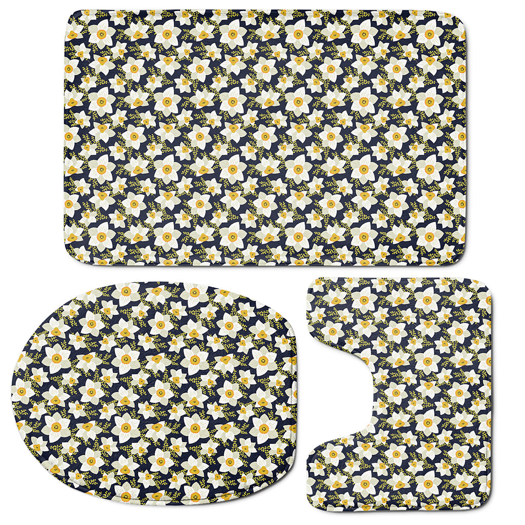 White Daffodil Flower Pattern Print 3 Piece Bath Mat Set