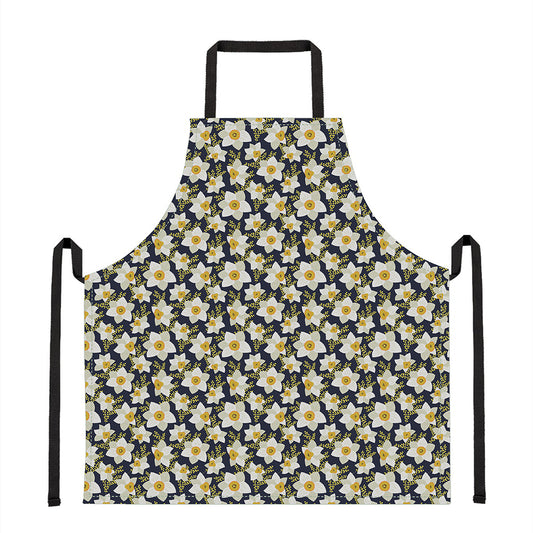 White Daffodil Flower Pattern Print Apron