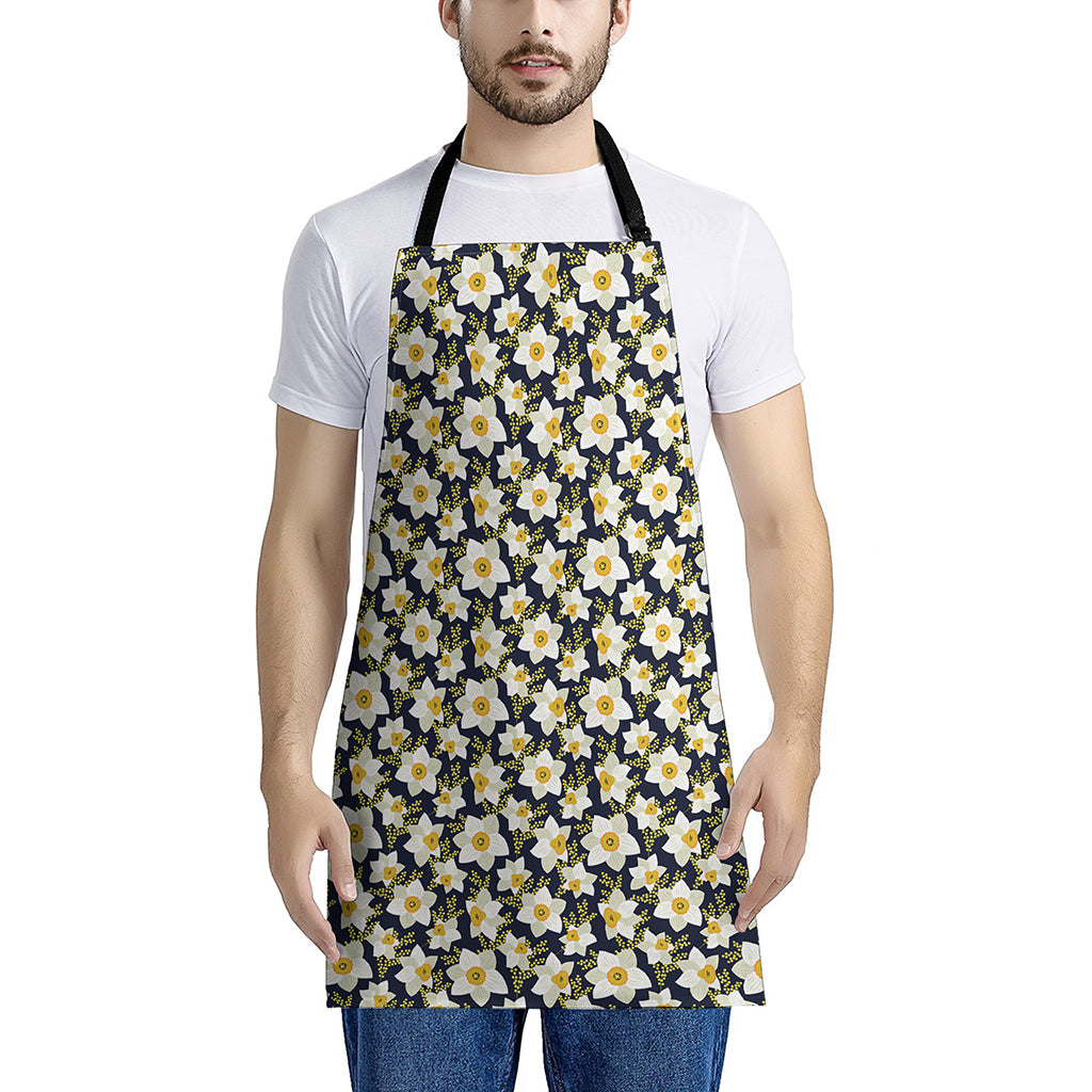 White Daffodil Flower Pattern Print Apron