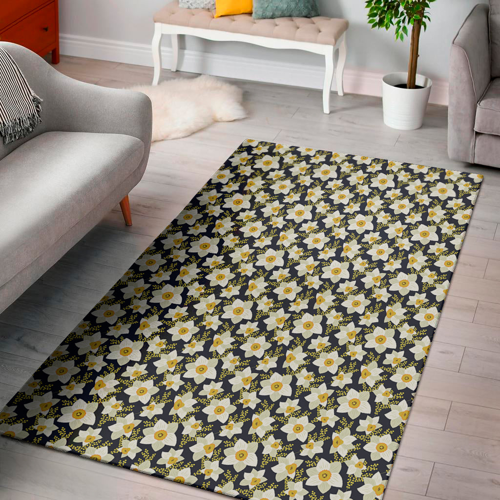 White Daffodil Flower Pattern Print Area Rug