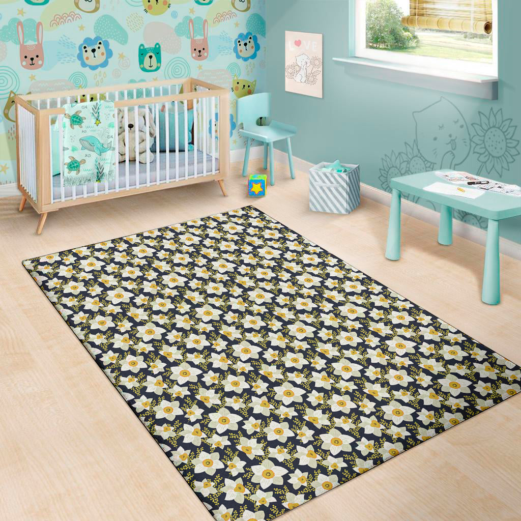 White Daffodil Flower Pattern Print Area Rug