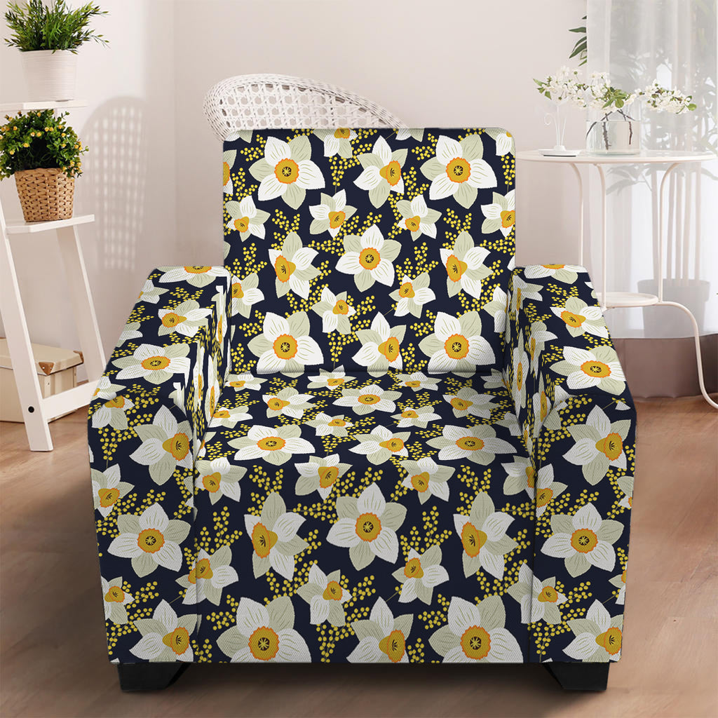 White Daffodil Flower Pattern Print Armchair Slipcover