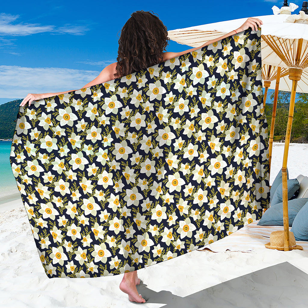 White Daffodil Flower Pattern Print Beach Sarong Wrap